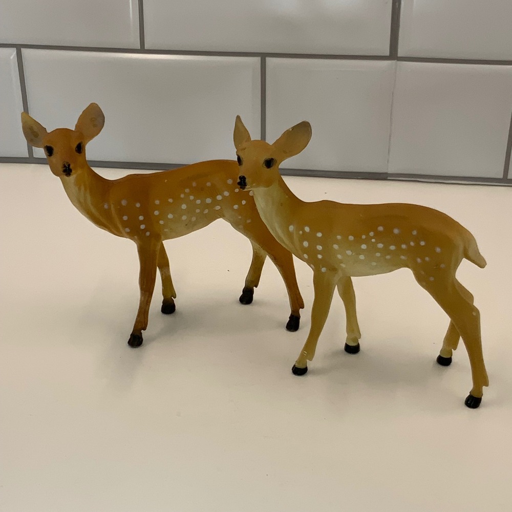 Vintage Style Spotted Fawn Deer Figurines Pair Plastic Woodland Decor Tan White
